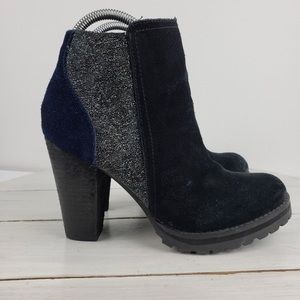 Versatile and comfortable blue and black suede block heel booties